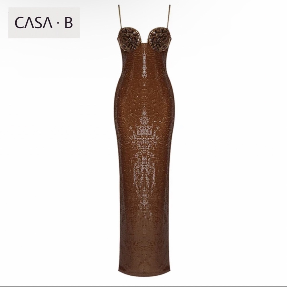 NEW to CASA B💫| Flower Bustier Sequin Maxi Gown in Chocolate Brown - Picture 2 of 10